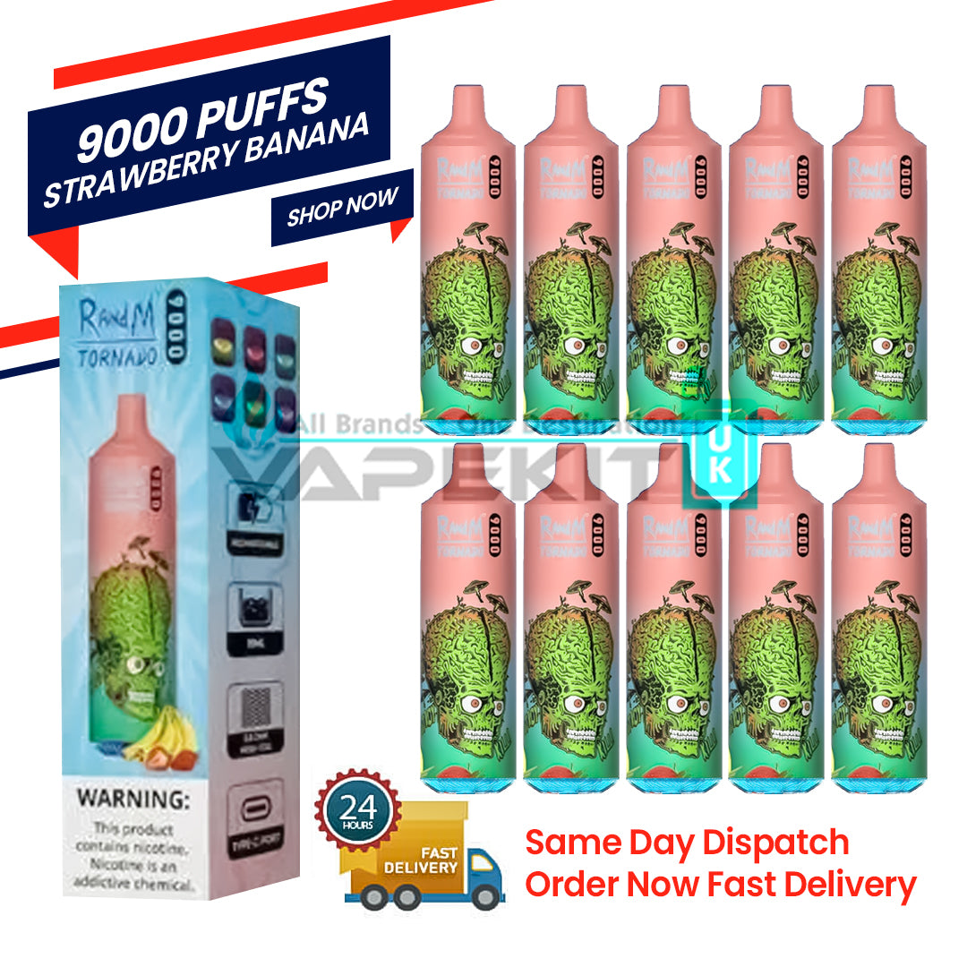 Strawberry Banana Randm Tornado 9000 Puff Bar Pack of 10- 73.95 Strawberry Banana Randm Tornado 9000 Puff Bar Pack of 10- 73.95
