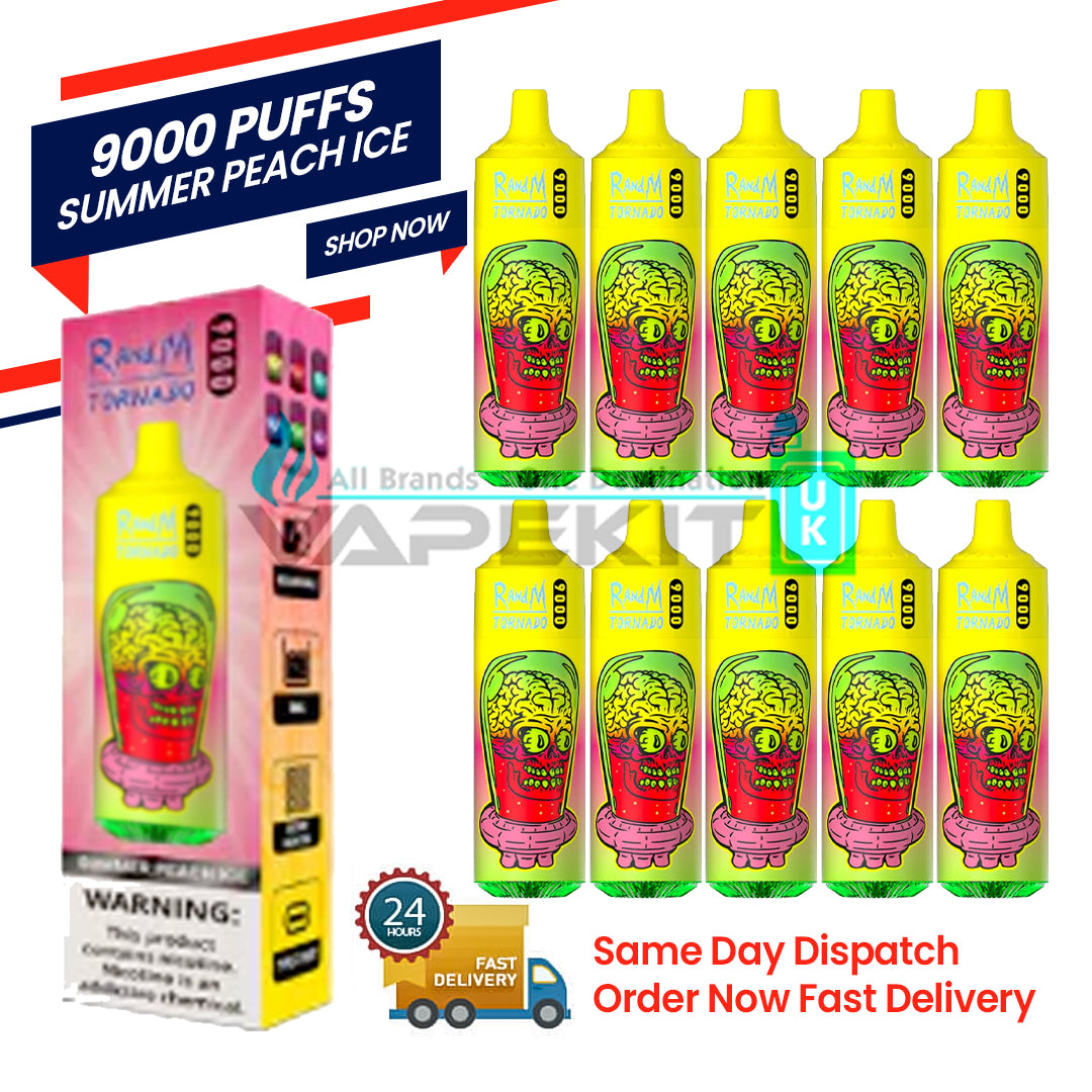 Summer Peach Ice Randm Tornado 9000 Puff Bar Pack of 10-73.95 Summer Peach Ice Randm Tornado 9000 Puff Bar Pack of 10-73.95