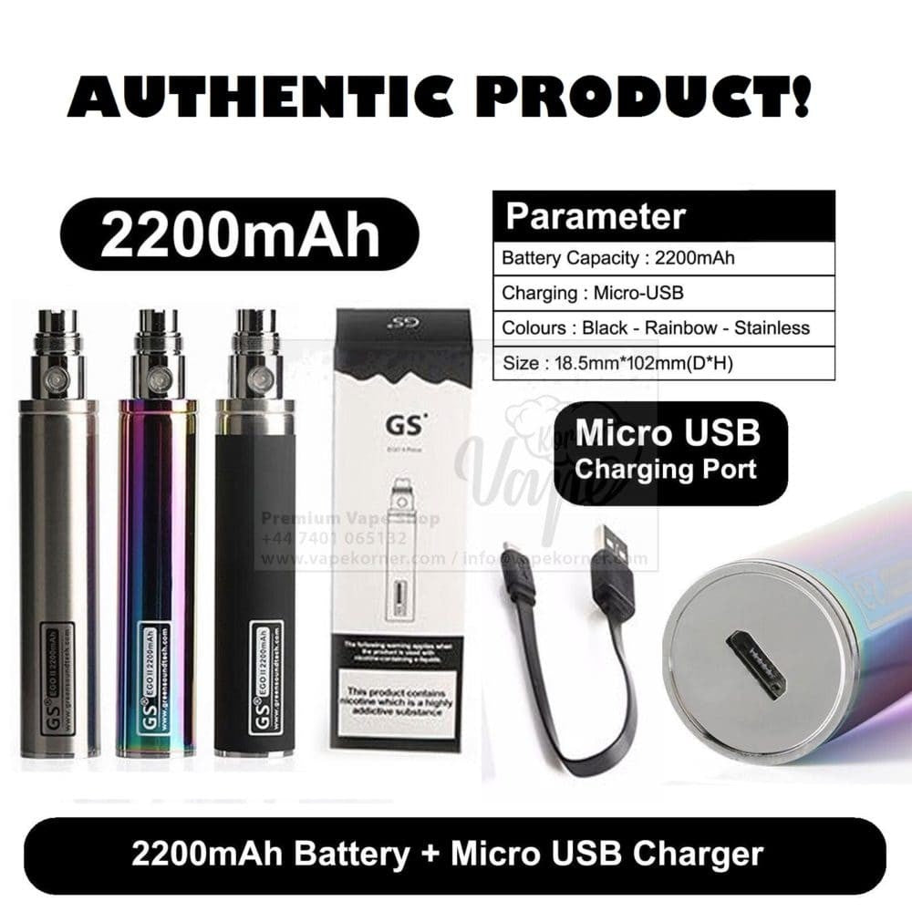 Authentic GS EGO 2 E Cig 2200mah Shisha cigarette Battery Micro USB Charger - Vapkituk