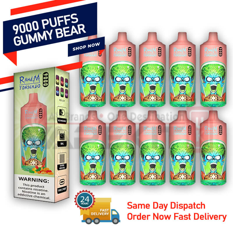 RandM Tornado Gummy Bear 9000 Puffs Bar 10 Pack- 73.95 RandM Tornado Gummy Bear 9000 Puffs Bar 10 Pack- 73.95