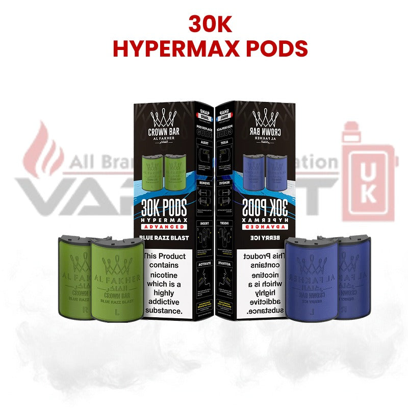 30K Hypermax pods in Blue Razz Blast and Blue Razz flavors with product packaging