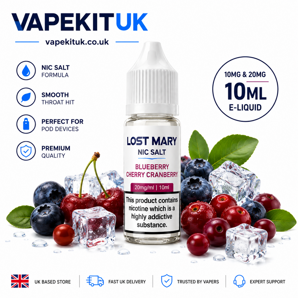 A bottle of Lost Mary Nic Salt Blueberry Cherry Cranberry e-liquid centered on a white background, surrounded by blueberries, cherries, green leaves, and ice cubes. The image includes the brand name VapekitUK at the top and feature icons on the left, plus 10ml and 10mg/20mg e-liquid text on the right.