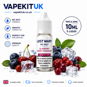A bottle of Lost Mary Nic Salt Blueberry Cherry Cranberry e-liquid centered on a white background, surrounded by blueberries, cherries, green leaves, and ice cubes. The image includes the brand name VapekitUK at the top and feature icons on the left, plus 10ml and 10mg/20mg e-liquid text on the right.