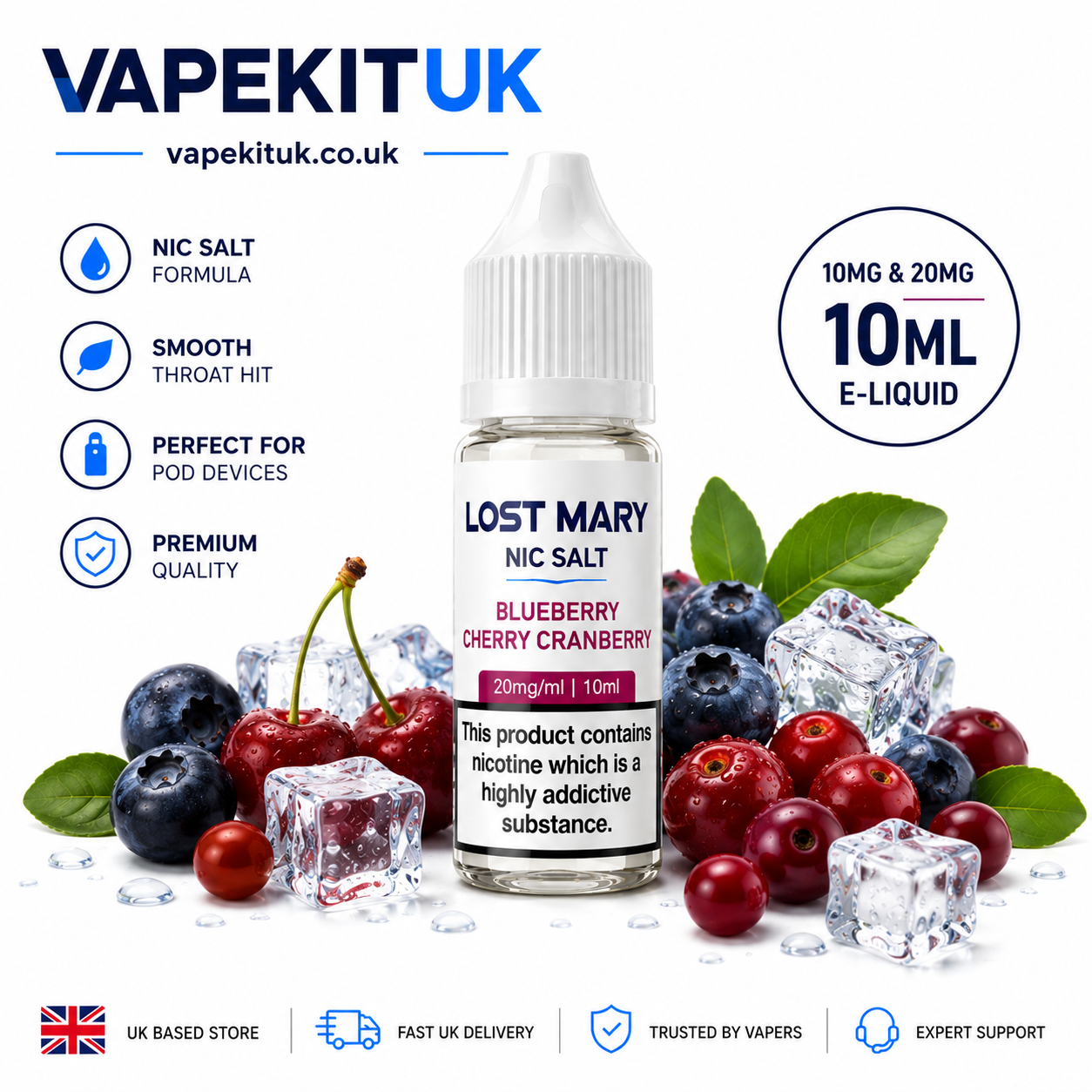 A bottle of Lost Mary Nic Salt Blueberry Cherry Cranberry e-liquid centered on a white background, surrounded by blueberries, cherries, green leaves, and ice cubes. The image includes the brand name VapekitUK at the top and feature icons on the left, plus 10ml and 10mg/20mg e-liquid text on the right.