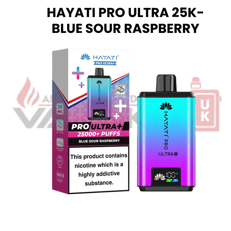 Hayati Pro Ultra 25K blue sour raspberry flavour on a white background.
