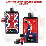 Hayati vape devices with British-themed design and and upto 25000 puffs per pod.