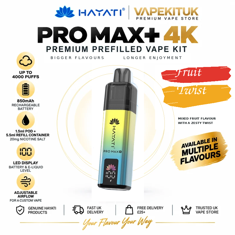 Hayati Pro Max Plus 4000 Fruit Twist 20mg rechargeable pod kit with mixed fruit flavour swatches