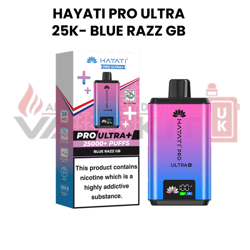 Hayati Pro Ultra vape with blue razz gummy bear flavour on a white background