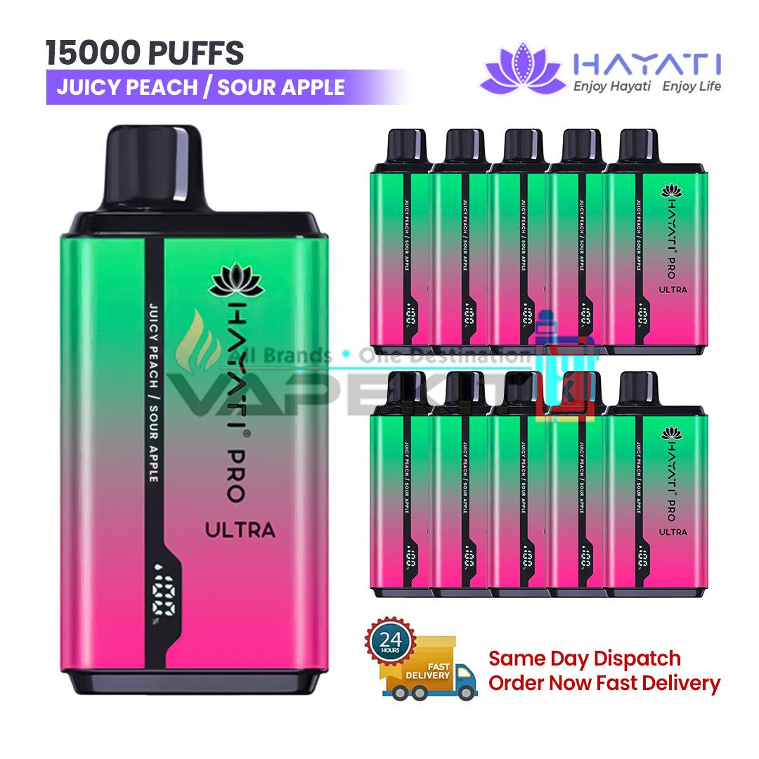 Sour Apple/Juciy Peach Hayati Pro Ultra 15000 Puffs Disposable Vape