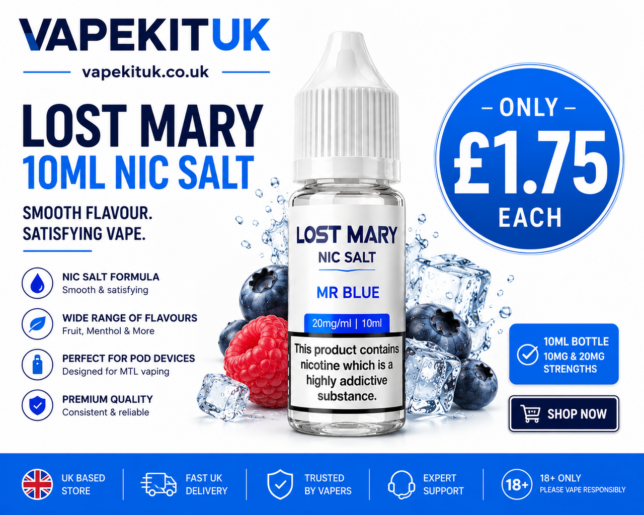 A 10ml bottle of Vapekit UK Lost Mary Nic Salt in the 'Mr Blue' flavor, presented on a promotional graphic with ice, blueberries.