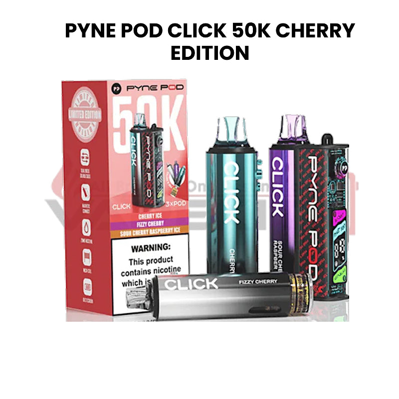 PYNE POD CLICK 50K Cherry Edition packaging with multiple pods on a white background