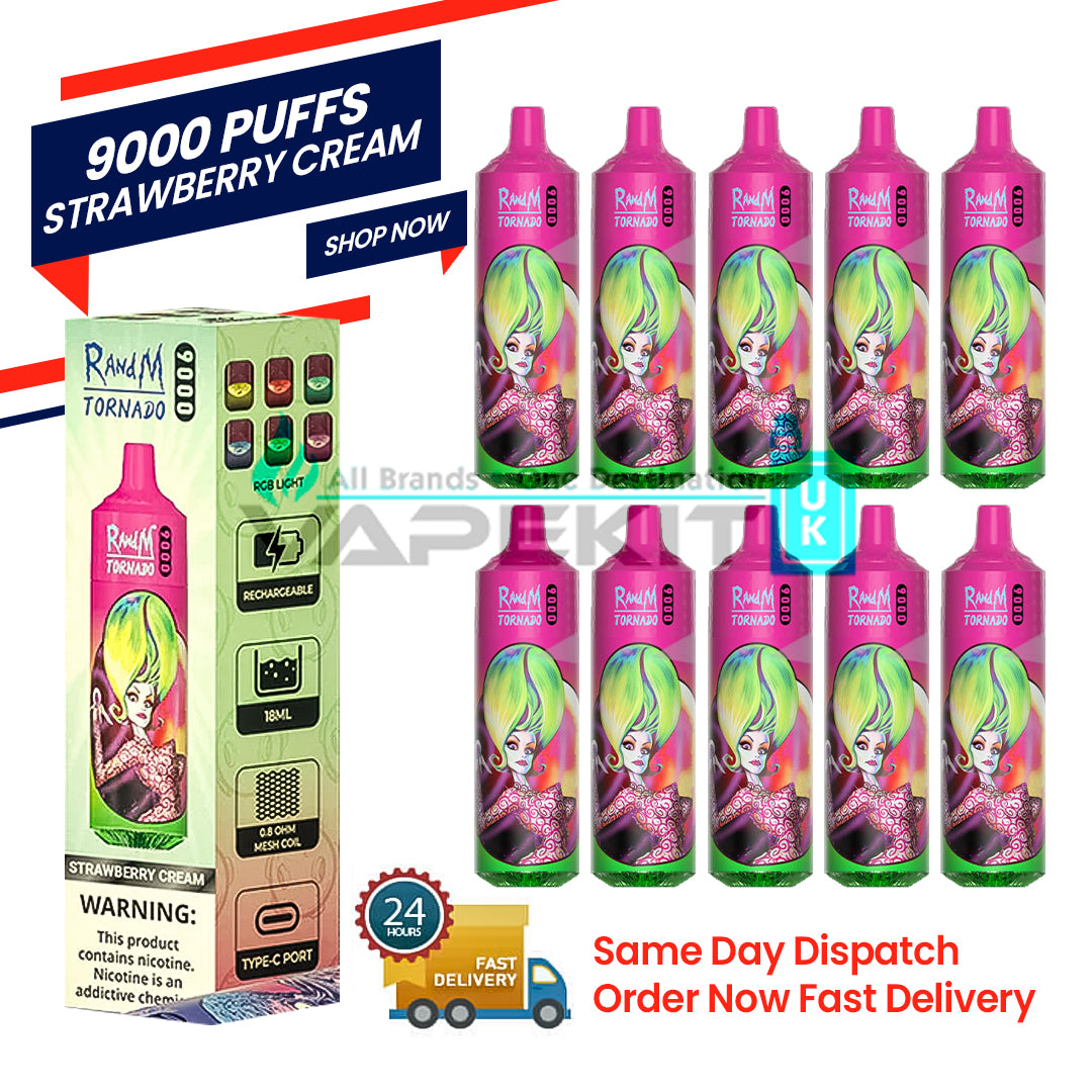 Strawberry Cream Randm Tornado 9000 Puff Bar Pack of 10-£73.95