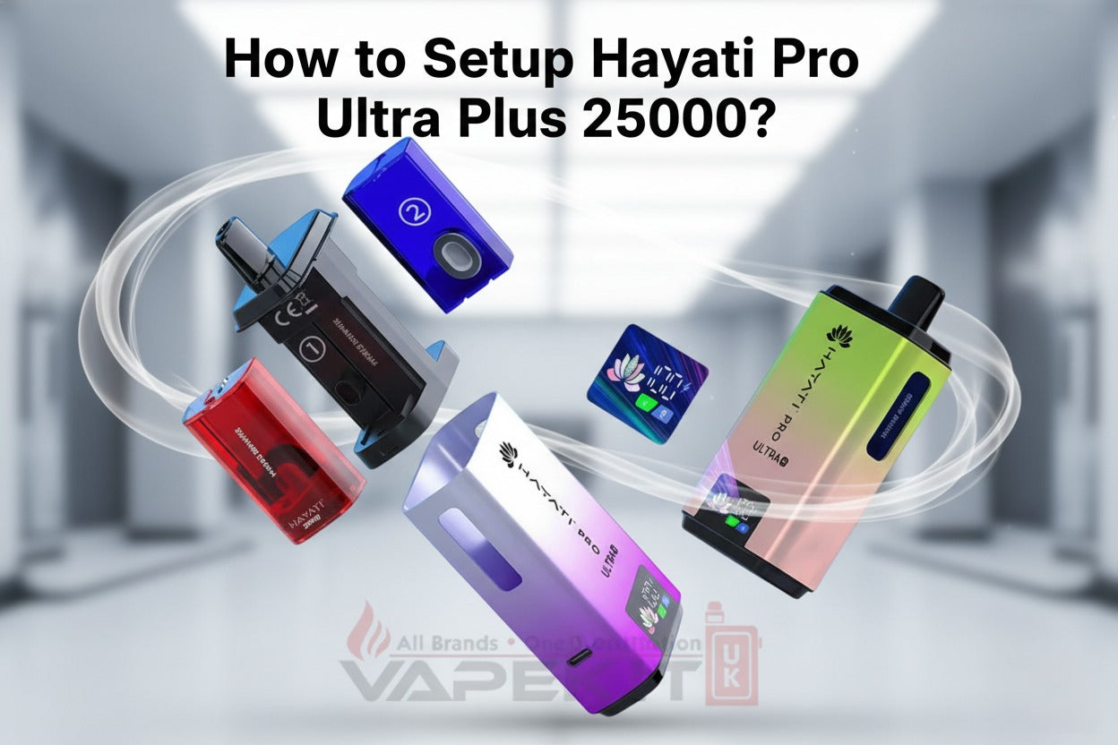 Colorful vape devices with text on setup guide for Hayati Pro Ultra Plus 25000