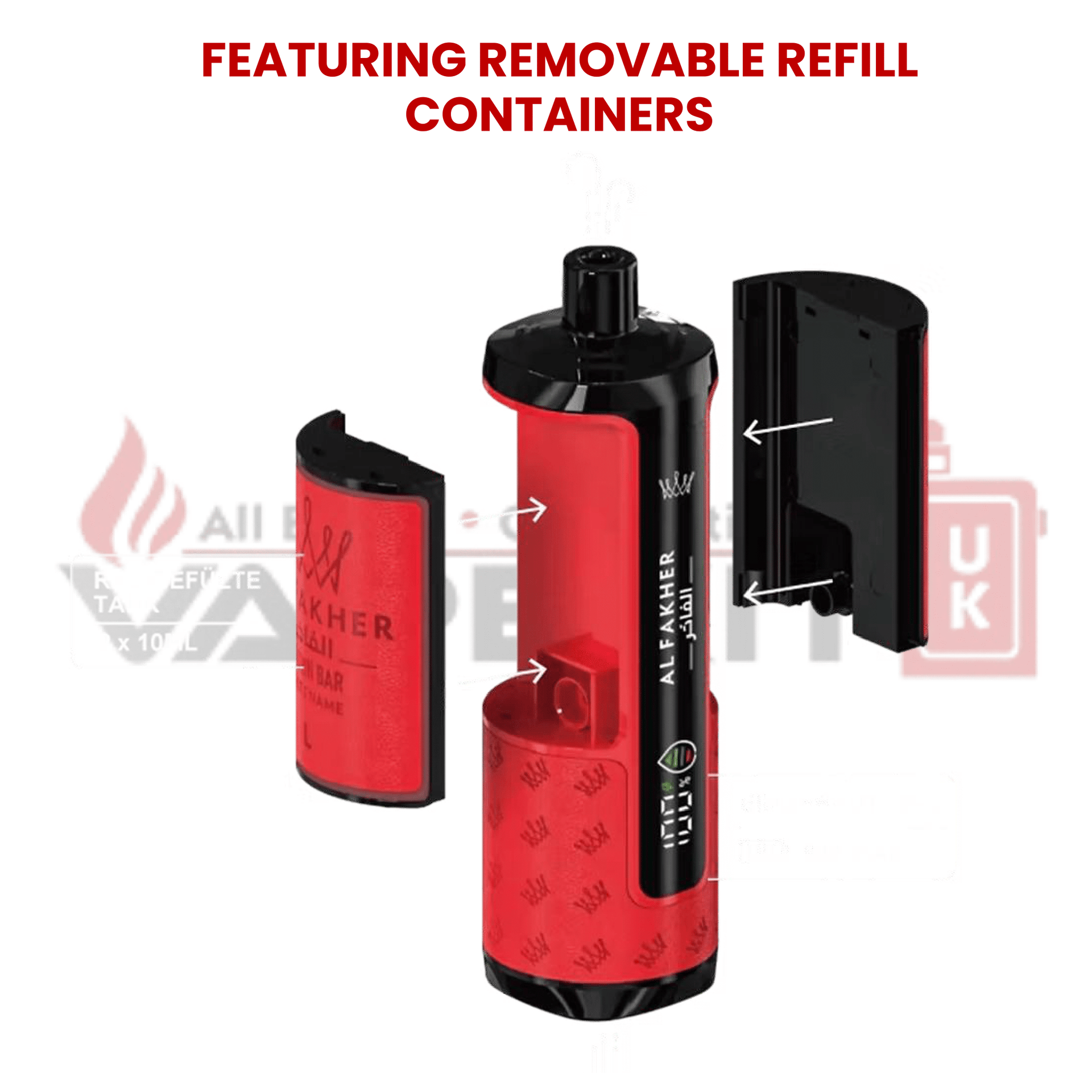 Al Fakher 30K Hypermax vape kit showing removable refill containers with arrows and exploded view