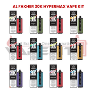 Al Fakher 30K Hypermax vape kit showing full flavour collection with packaging and device for each variant