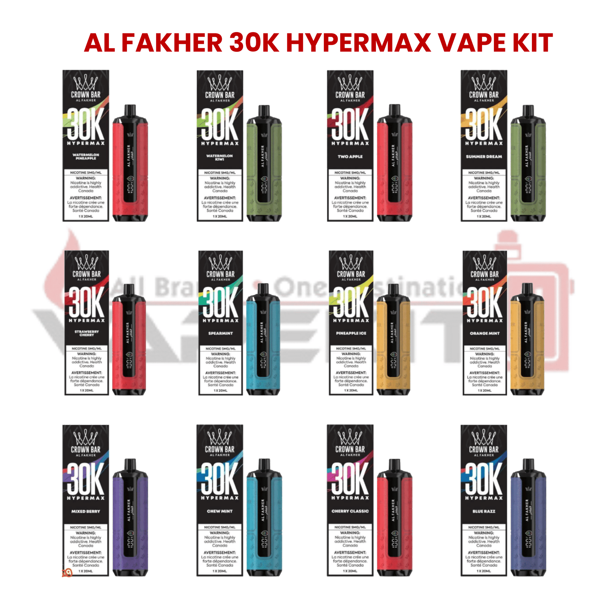 Al Fakher 30K Hypermax vape kit showing full flavour collection with packaging and device for each variant
