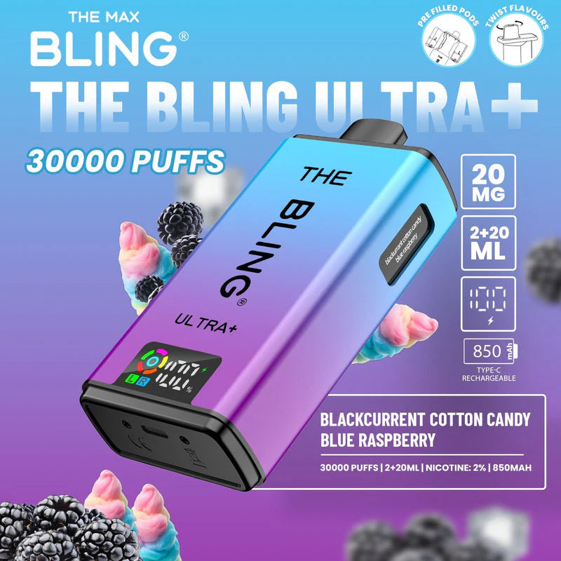 Bling Ultra Plus 30k Puffs Prefilled Pod Vape Blackcurrant Cotton Candy/ Blue Raspberry