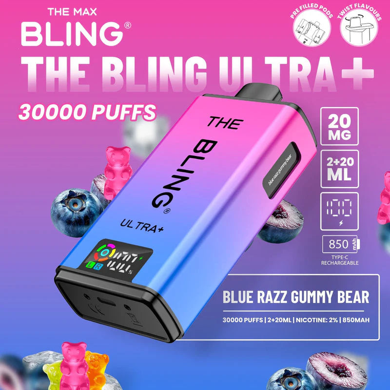 Bling Ultra Plus 30k Puffs Prefilled Pod Vape Blue Razz Gummy Bear
