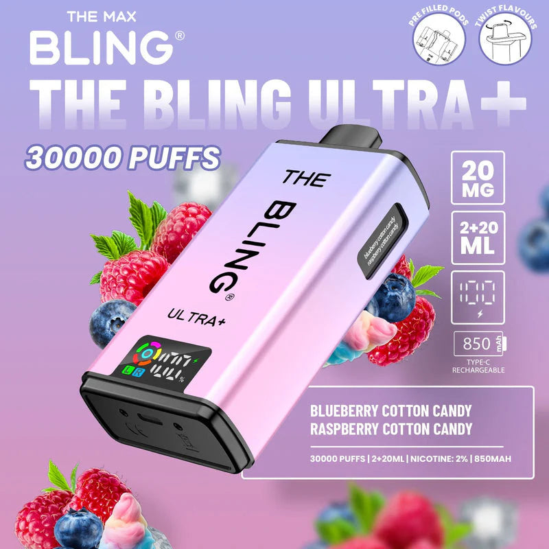 Bling Ultra Plus 30k Puffs Prefilled Pod Vape Blueberry Cotton Candy/ Raspberry Cotton Candy