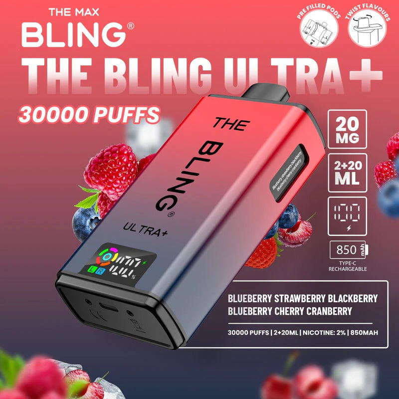 Bling Ultra Plus 30k Puffs Prefilled Pod Vape Blueberry Strawberry Blackberry/ Blueberry Cherry Cranberry