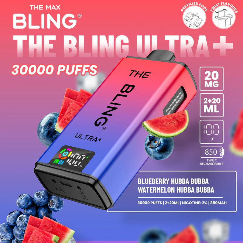 Bling Ultra Plus 30k Puffs Prefilled Pod Vape Blueberry Hubba Bubba/ Watermelon Hubba Bubba