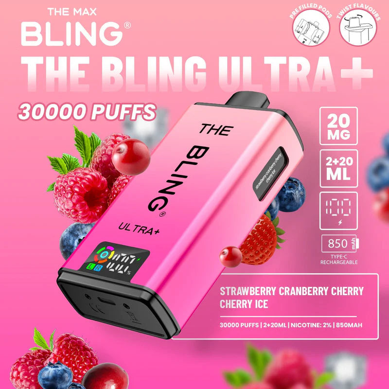 Bling Ultra Plus 30k Puffs Prefilled Pod Vape Strawberry ranberry Cherry/ Cherry Ice