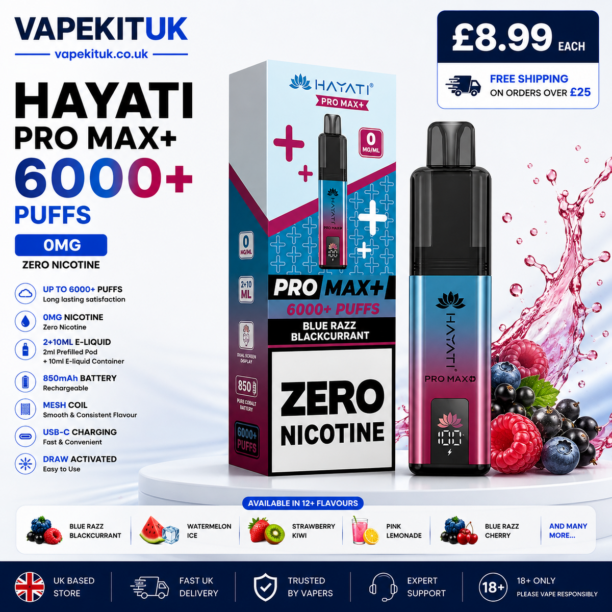 Vapekituk Hayati Pro Max+zero nicotine vape device and its retail packaging, featuring a blue and pink gradient body with a black mouthpiece. 