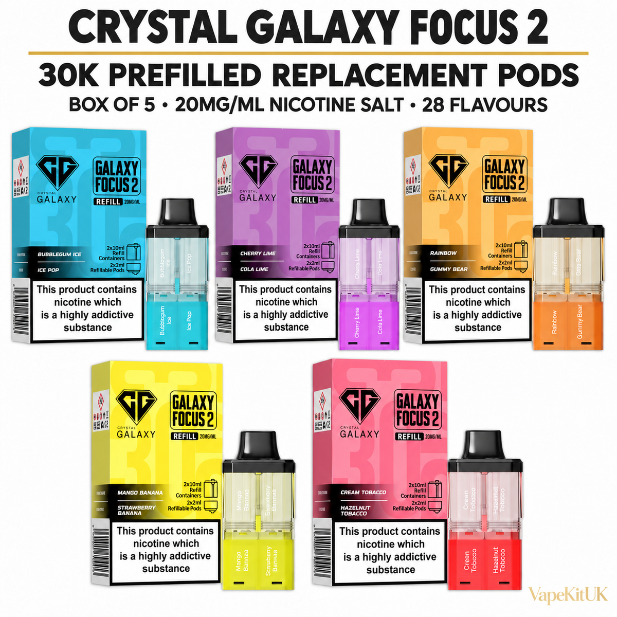 Crystal Galaxy Focus 2 30K prefilled replacement pods box of 5 with 20mg/ml nicotine salt and 28 flavours