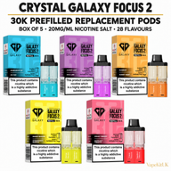Crystal Galaxy Focus 2 30K prefilled replacement pods box of 5 with 20mg/ml nicotine salt and 28 flavours