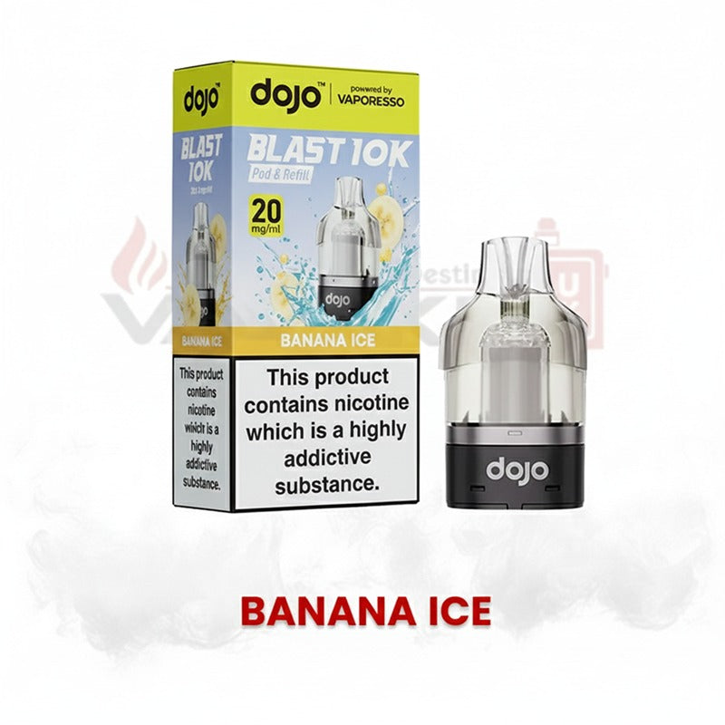 Dojo Blast 10K Banana Ice vape pod with packaging showing 20mg nicotine strength and refillable pod design.