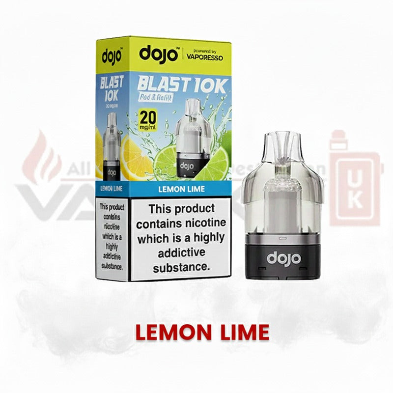 Dojo Blast 10K Lemon Lime vape pod with packaging showing 20mg nicotine strength and refillable pod design.
