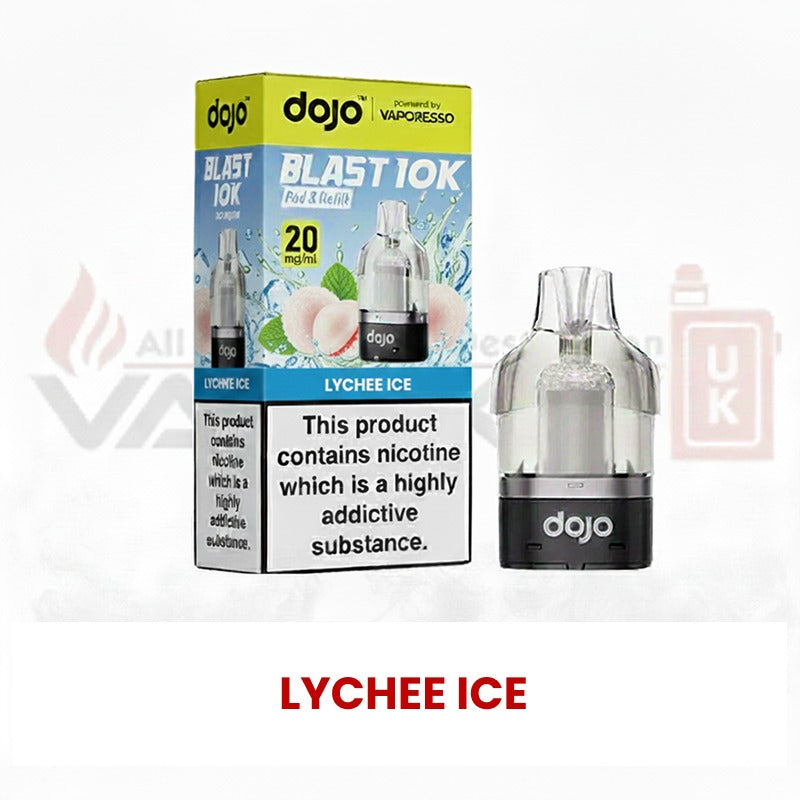 Dojo Blast 10K Lychee Ice replacement vape pod with packaging showing 20mg nicotine strength and pod design.