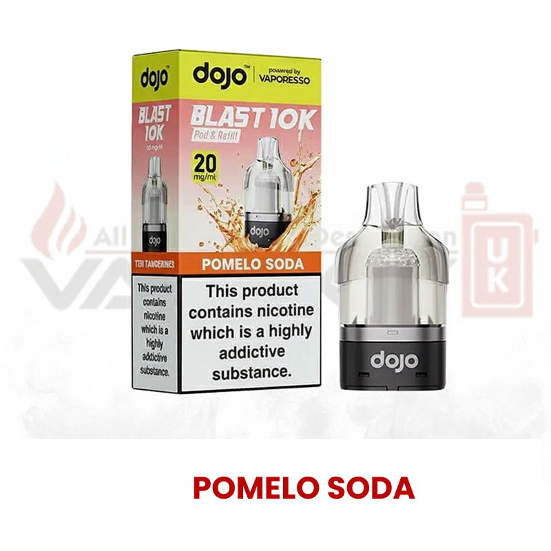 Dojo Blast 10K Pomelo Soda vape pod with packaging showing 20mg nicotine strength and refillable pod design.