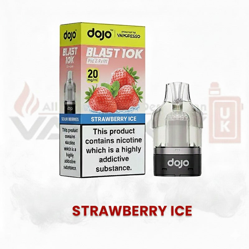 Dojo Blast 10K Strawberry Ice vape pod with packaging showing 20mg nicotine strength and refillable pod design.