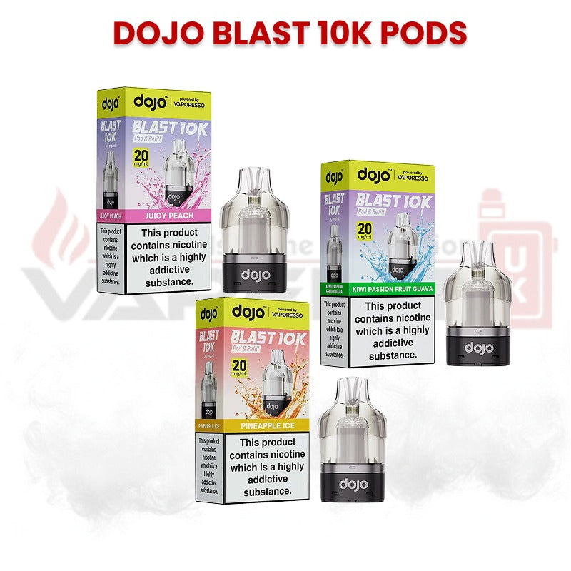 Dojo Blast 10K replacement vape pods displayed in multiple flavours including Juicy Peach, Grape, Kiwi Passion Fruit Guava and Pineapple Ice, with packaging and pod design shown.