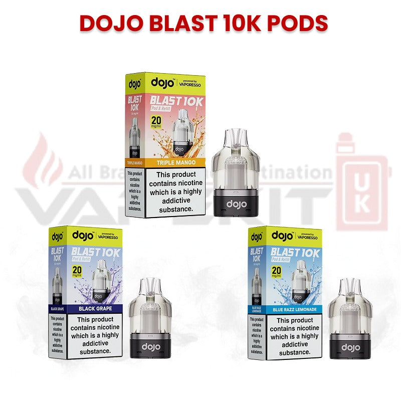 Dojo Blast 10K vape pod collection displaying Triple Mango, Black Grape and Blue Razz Lemonade flavours with packaging and 20mg nicotine refillable pods.