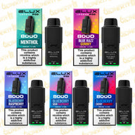 Elux Legend 8000 refill pods box of 5 – five flavours with VapeKitUK gold watermark