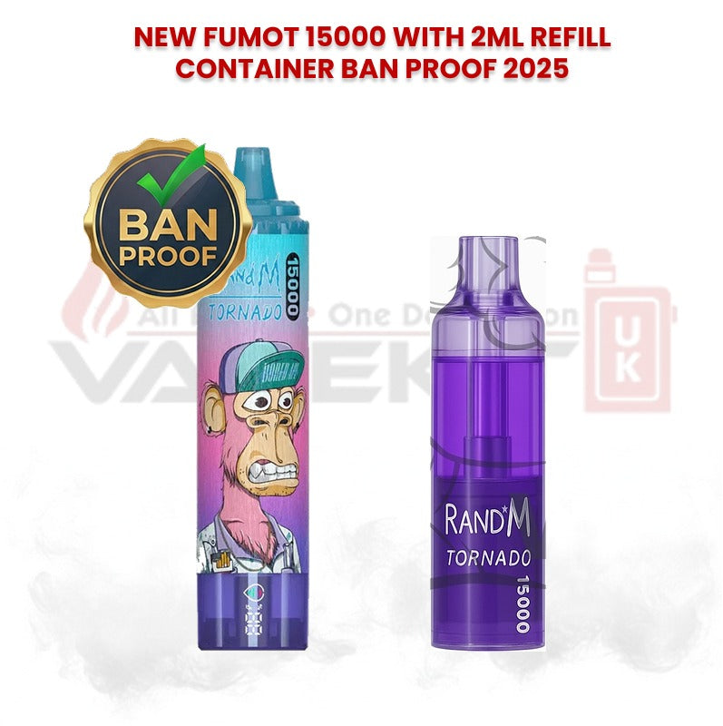 Fumot RandM Tornado 15000 vape with ban proof 2025 badge, featuring purple refill container and colorful cartoon monkey design device
