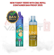 Fumot RandM Tornado 15000 vape showing ban proof 2025 badge with colorful cartoon design device and UNI refill container