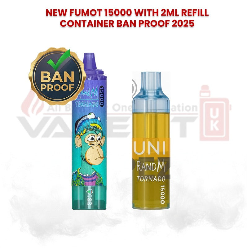 Fumot RandM Tornado 15000 vape showing ban proof 2025 badge with colorful cartoon design device and UNI refill container