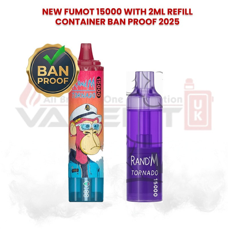 Fumot RandM Tornado 15000 disposable vape with 2ml refill container showing ban proof 2025 design and colorful device visuals