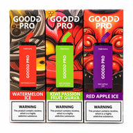 GoodG Pro 7500 rechargeable vape kit on white background, showing Watermelon Ice, Kiwi Passion Fruit Guava and Red Apple Ice packaging