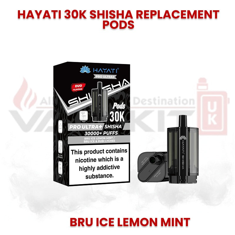 Hayati 30K Shisha replacement pods in Bru Ice Lemon Mint flavour with Pro Ultra Shisha packaging, designed for up to 30000 puffs and refillable pod system.