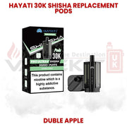 Hayati 30K Shisha replacement pods in Double Apple flavour with Pro Ultra Shisha packaging, designed for up to 30000 puffs and refillable pod system.
