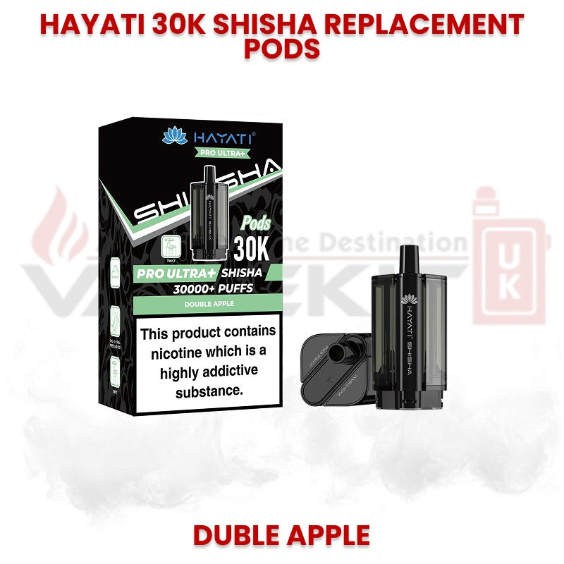 Hayati 30K Shisha replacement pods in Double Apple flavour with Pro Ultra Shisha packaging, designed for up to 30000 puffs and refillable pod system.