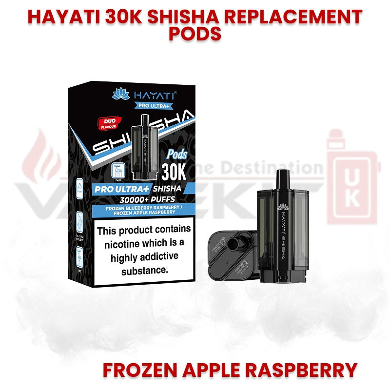Hayati 30K Shisha replacement pods in Frozen Apple Raspberry flavour with Pro Ultra Shisha packaging, designed for up to 30000 puffs and refillable pod system.