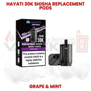 Hayati 30K Shisha replacement pods in Grape and Mint flavour with Pro Ultra Shisha packaging, designed for up to 30000 puffs and refillable pod system.
