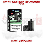 Hayati 30K Shisha replacement pods in Peach Grape Mint flavour with Pro Ultra Shisha packaging, designed for up to 30000 puffs and refillable pod system.