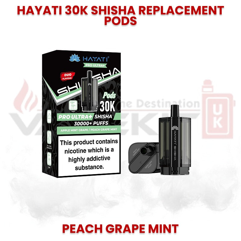 Hayati 30K Shisha replacement pods in Peach Grape Mint flavour with Pro Ultra Shisha packaging, designed for up to 30000 puffs and refillable pod system.