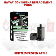 Hayati 30K Shisha replacement pods in Skittles Frozen Apple flavour with Pro Ultra Shisha packaging, designed for up to 30000 puffs and refillable pod system.